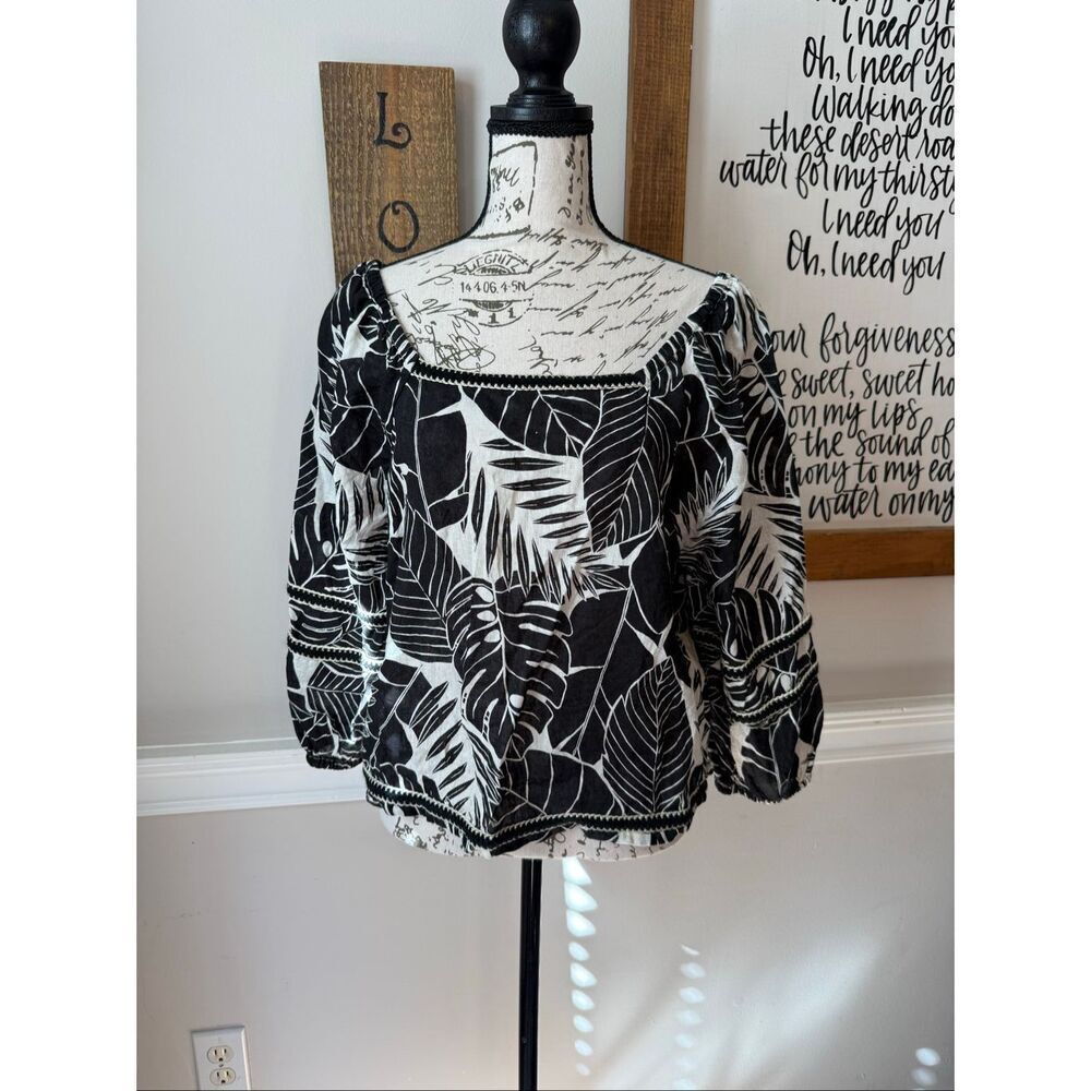 Cynthia Rowley Women's Linen Leaf Print Balloon Sleeve Blouse Black White Small